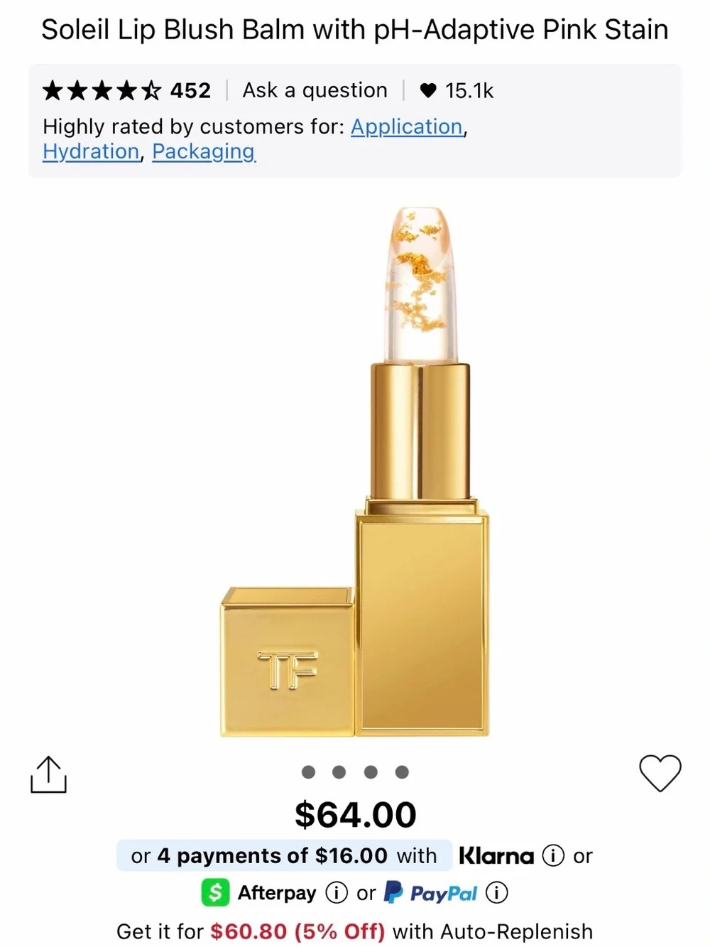 Tom Ford Gold Crystal lip blush, ph activated $64 retail